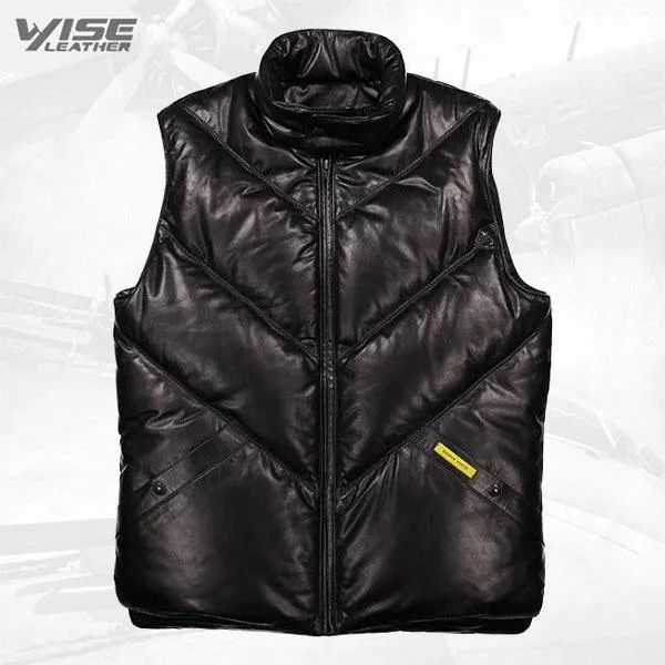 Men's V-Series Black Leather Bomber Vest with Fox Collar