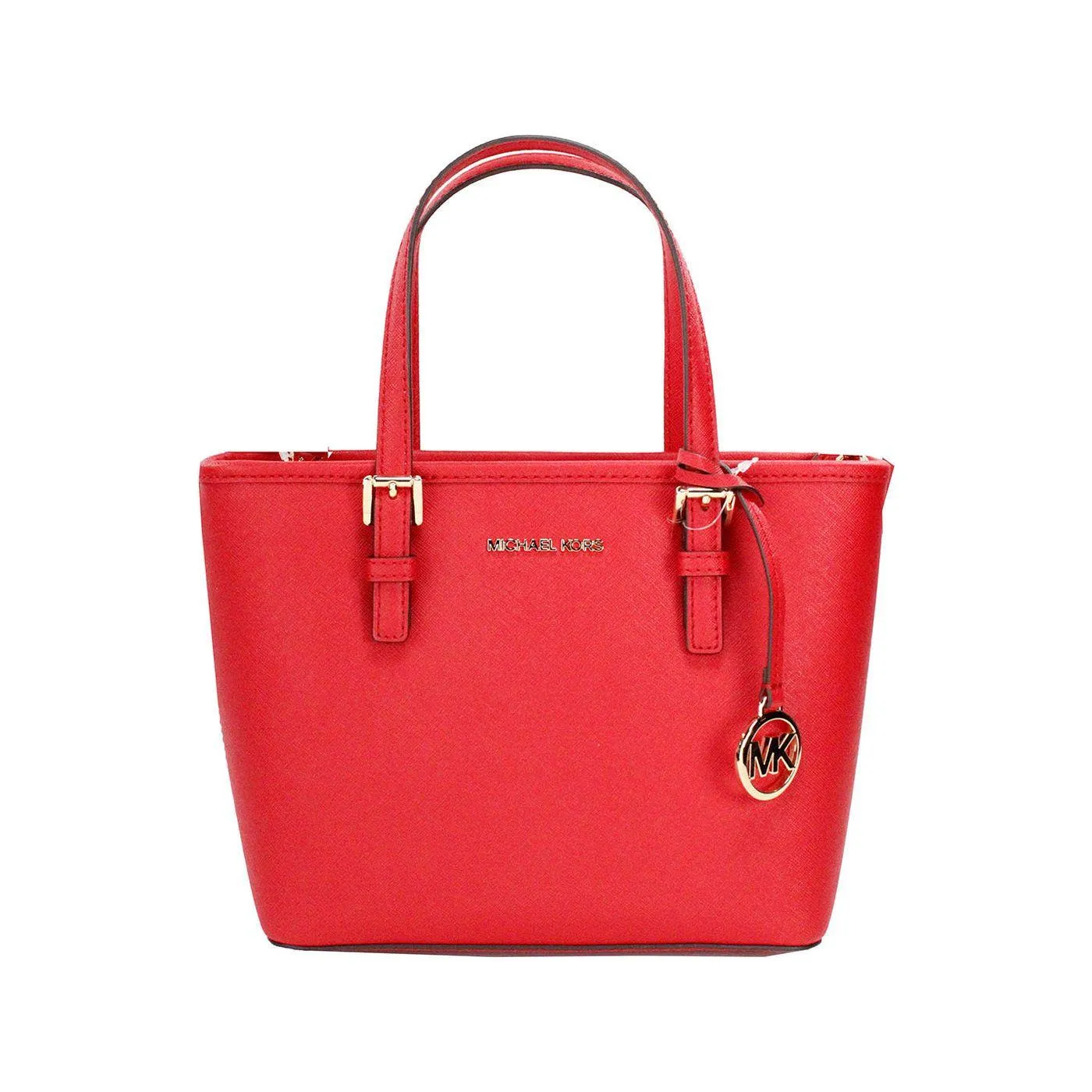 Michael Kors Jet Set Bright Red Leather XS Carryall Top Zip Tote Bag Purse