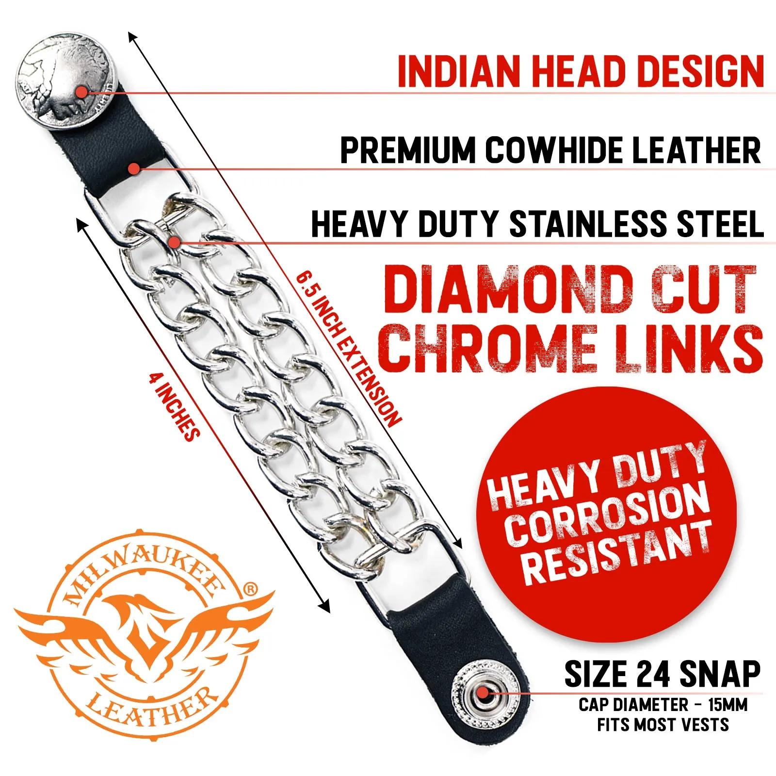 Milwaukee Leather Indian Head Medallion Vest Extender - Double Chrome