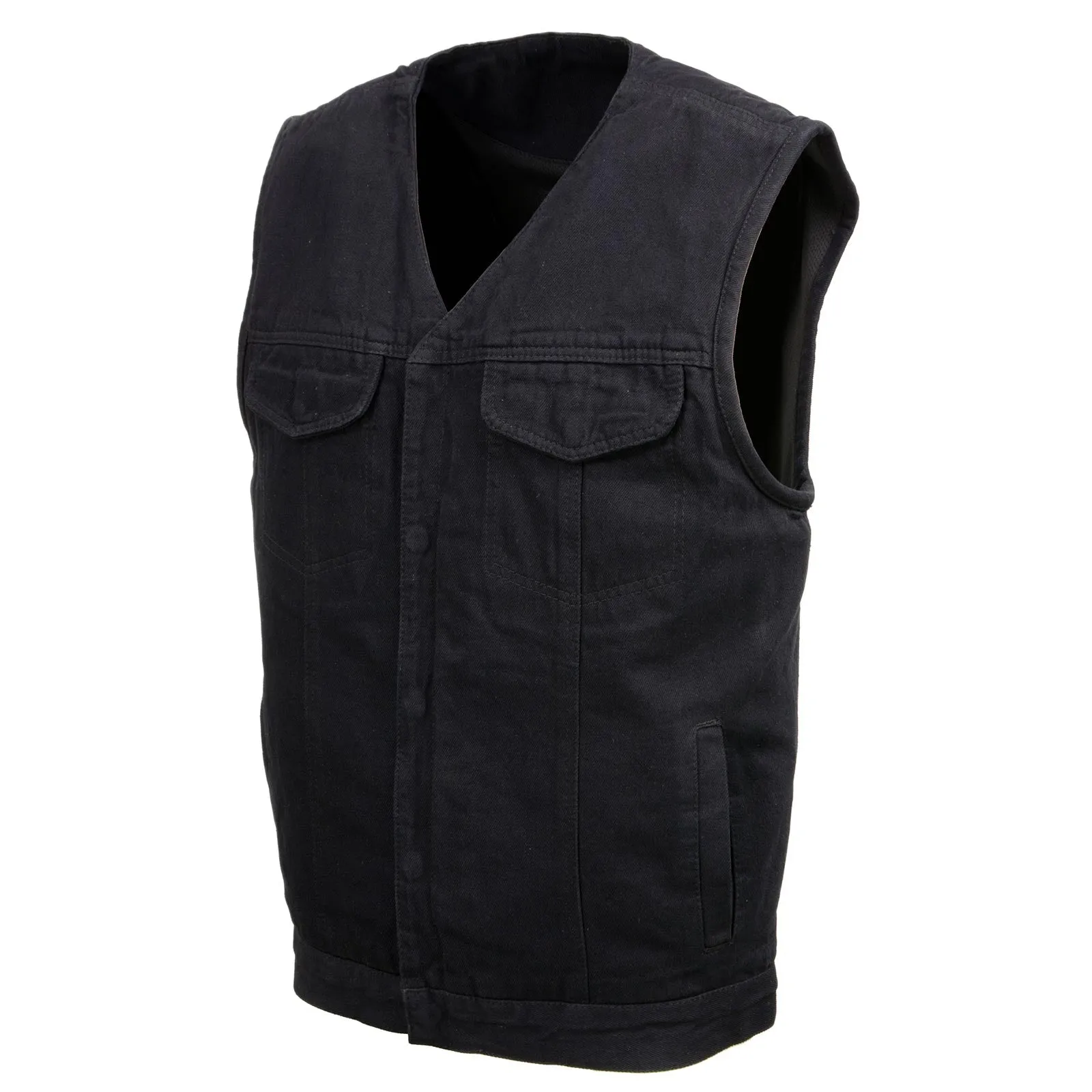 Milwaukee Leather MDM3012 Men's 'Brute' Black Denim Club Style V-Neck Motorcycle Vest w/ Dual Closure