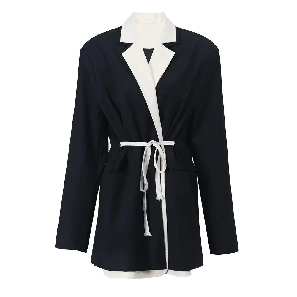 Minimalist Patchwork Lace Up Blazers For Women Notched Collar Long Sleeve Slim Autumn Blazer Female Fashion