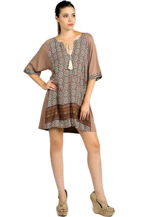 Mixed Print Tassel Tie Dress, Taupe