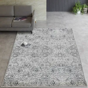 Mozaic Tiles Grey Trellis Distressed Non Slip Rug