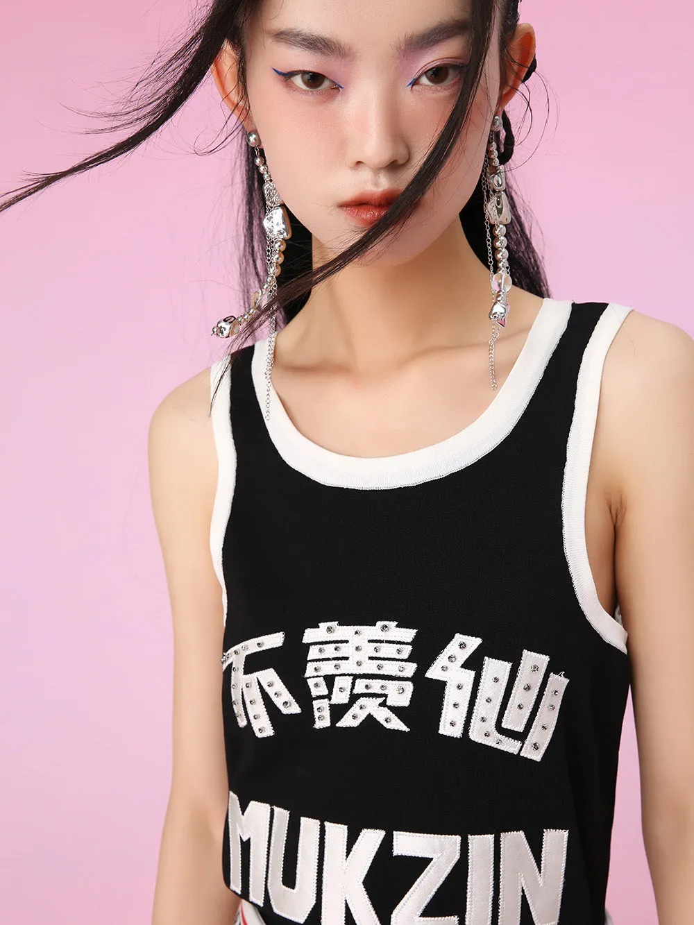 MUKZIN Chinese Characters Beading Look-thin Vest