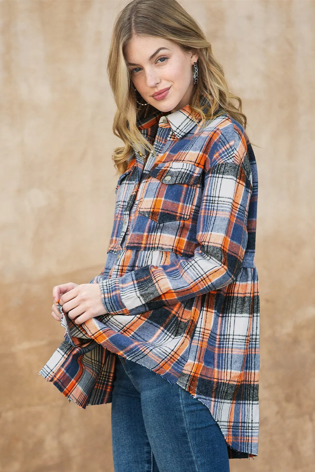 Multicolor Plaid Snap Button Casual Raw Hem Shirt Shacket