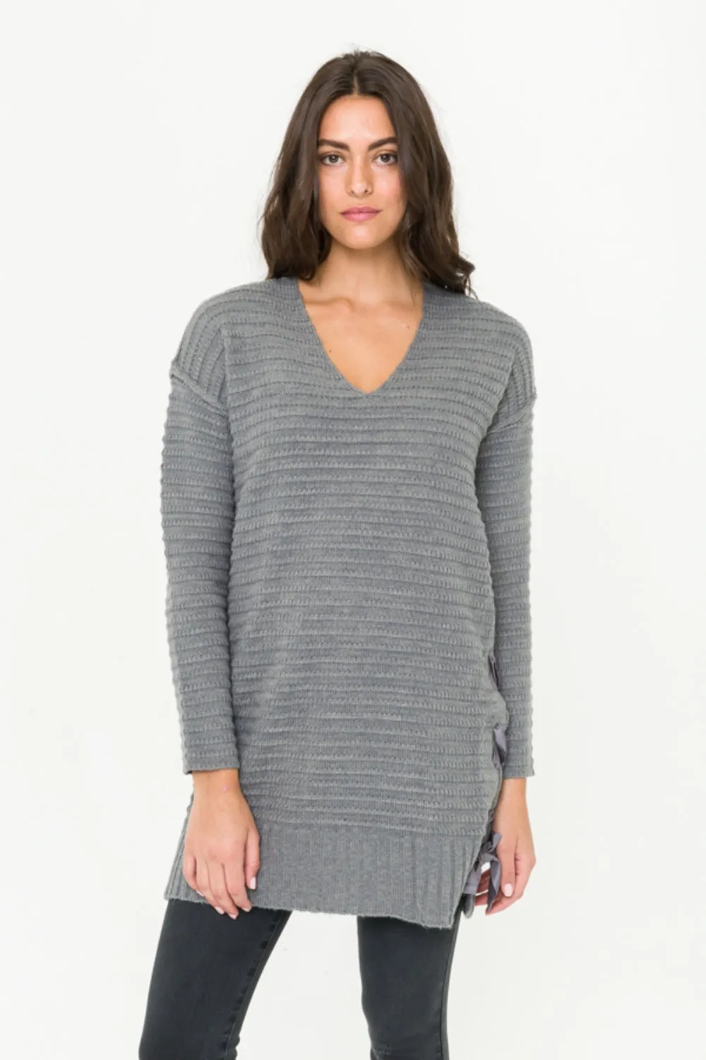 Mystree V-Neck Side Tie Tunic Sweater