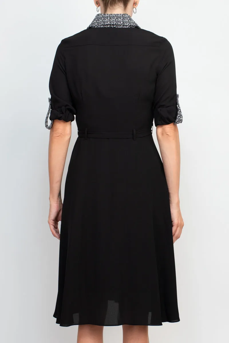 Nanette Lepore collared knit detail button down folded sleeve tie waist chiffon dress