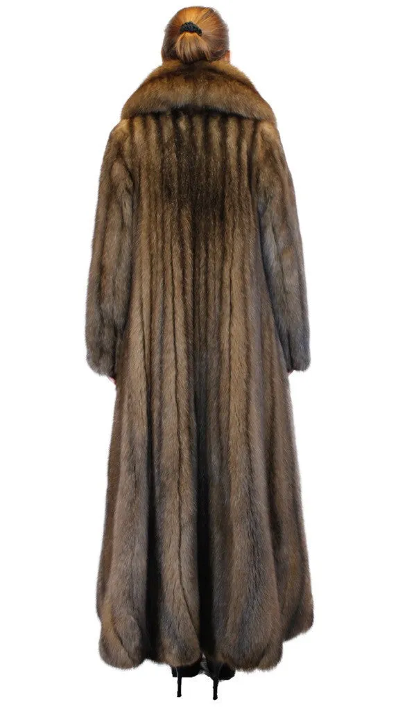 NATURAL ROYAL BARGUZIN RUSSIAN SABLE FUR EXTRA LONG COAT WITH FLARED TRUMPET BOTTOM