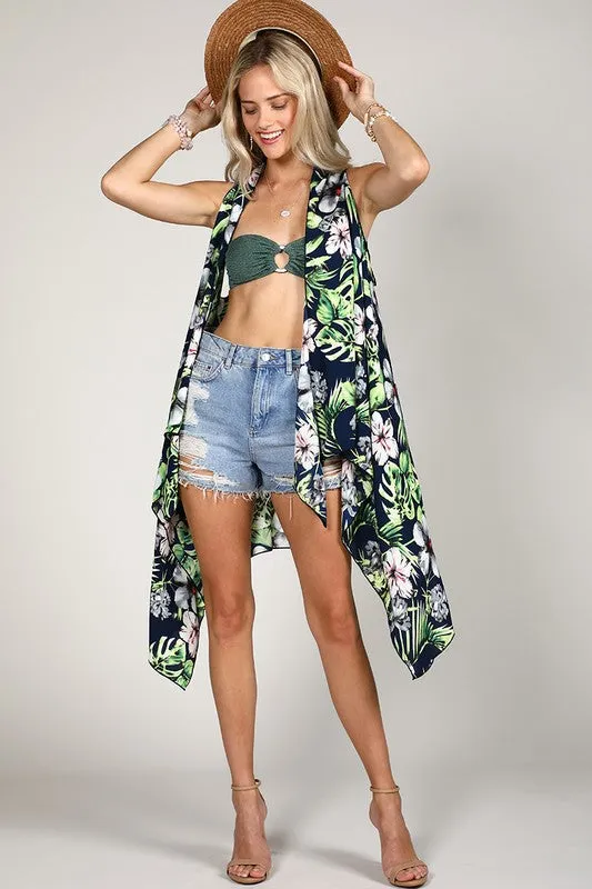 Navy Tropical Floral Leaf Handkerchief Vest Casual Top Womens One Size