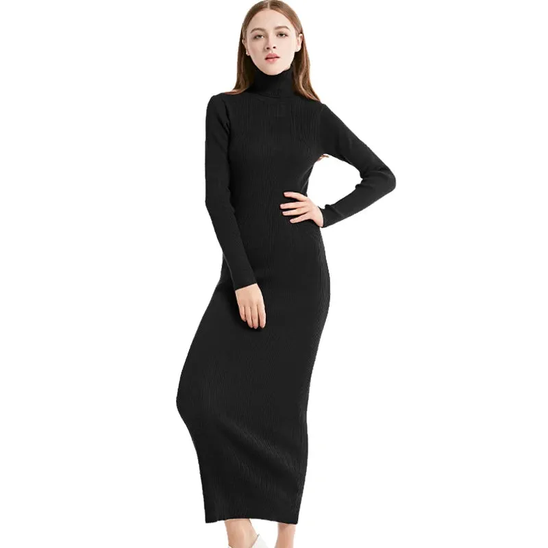 New Fashion Women Sexy Party Dress Knit Style Long Sleeve Turtleneck Winter Maxi Dress Slim Work Wear Office Dress Vestidos