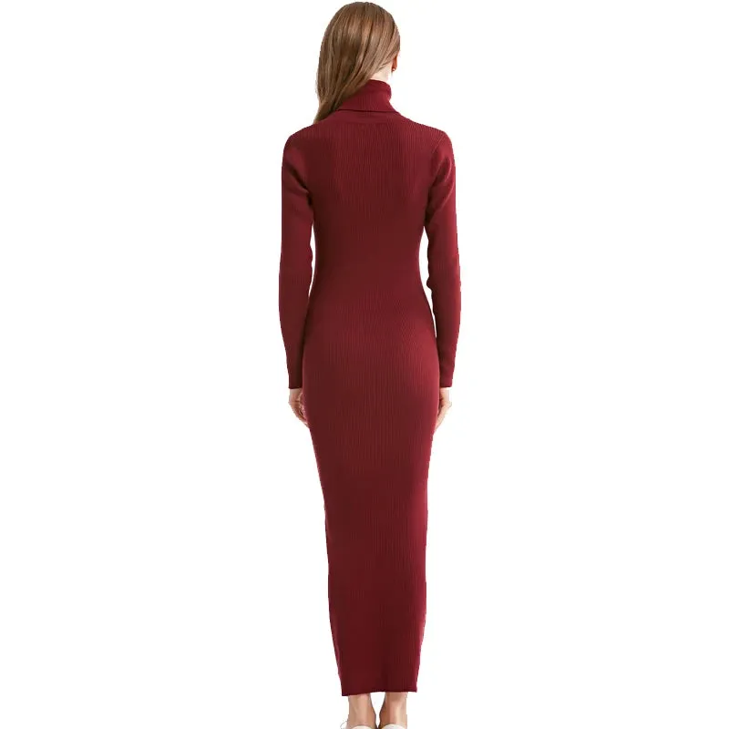 New Fashion Women Sexy Party Dress Knit Style Long Sleeve Turtleneck Winter Maxi Dress Slim Work Wear Office Dress Vestidos