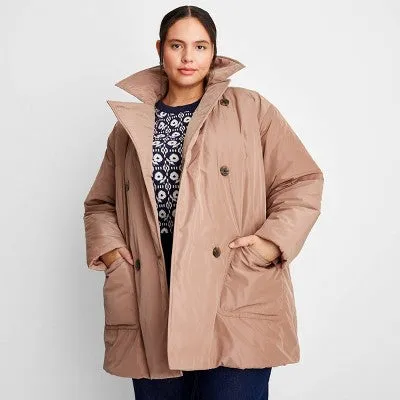 New - Future Collective Reese Women's Plus Winter Mini Puffer Trench Coat Jacket