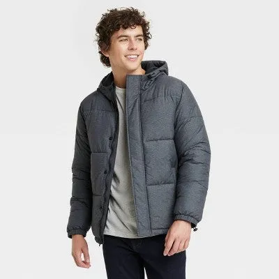 New - Men's Solid Midweight Puffer Jacket - Goodfellow & Co Heathered Gray L