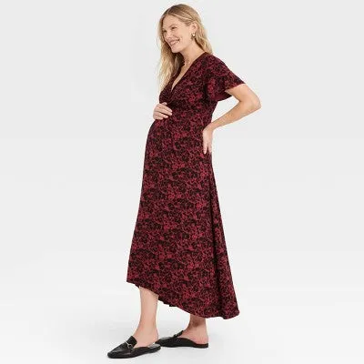 New - Short Sleeve Knit Midi Maternity Dress - Isabel Maternity by Ingrid & Isabel Black Floral S