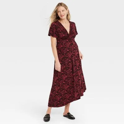 New - Short Sleeve Knit Midi Maternity Dress - Isabel Maternity by Ingrid & Isabel Black Floral XS