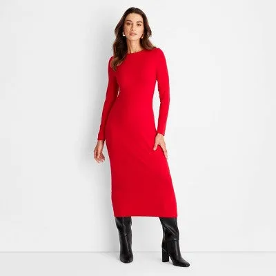 New - Women's Long Sleeve Ribbed Midi Bodycon Dress - A New Day Burgundy XL