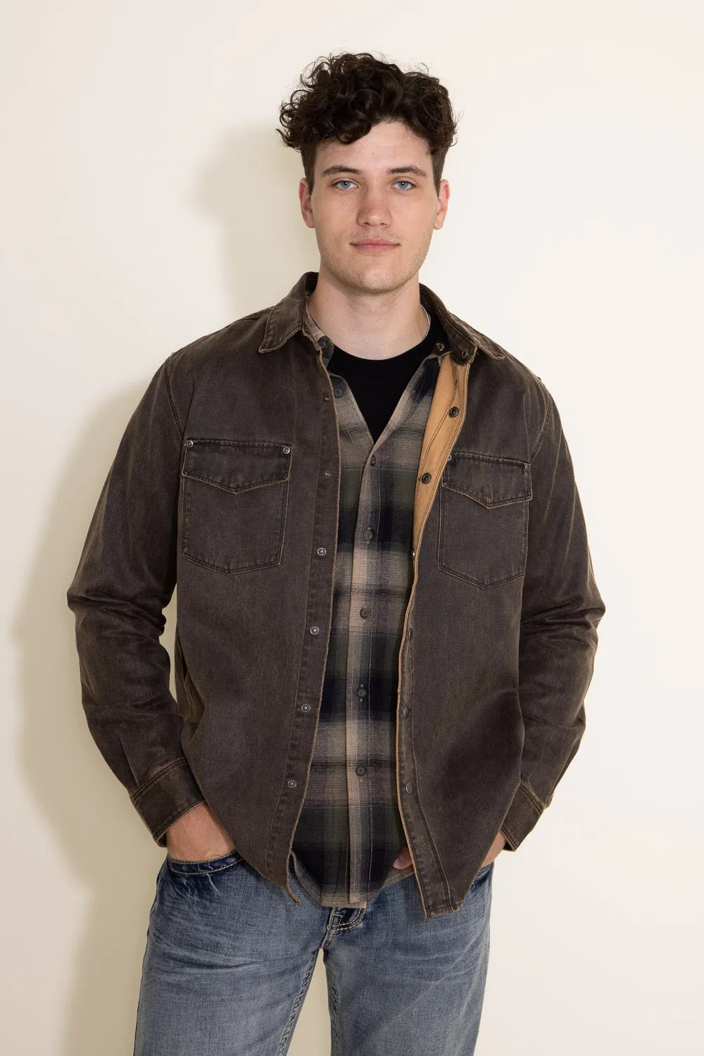 North River Moleskin Cotton Suede Shirt Jacket for Men in Leather Brown | NRM8033-LEATH