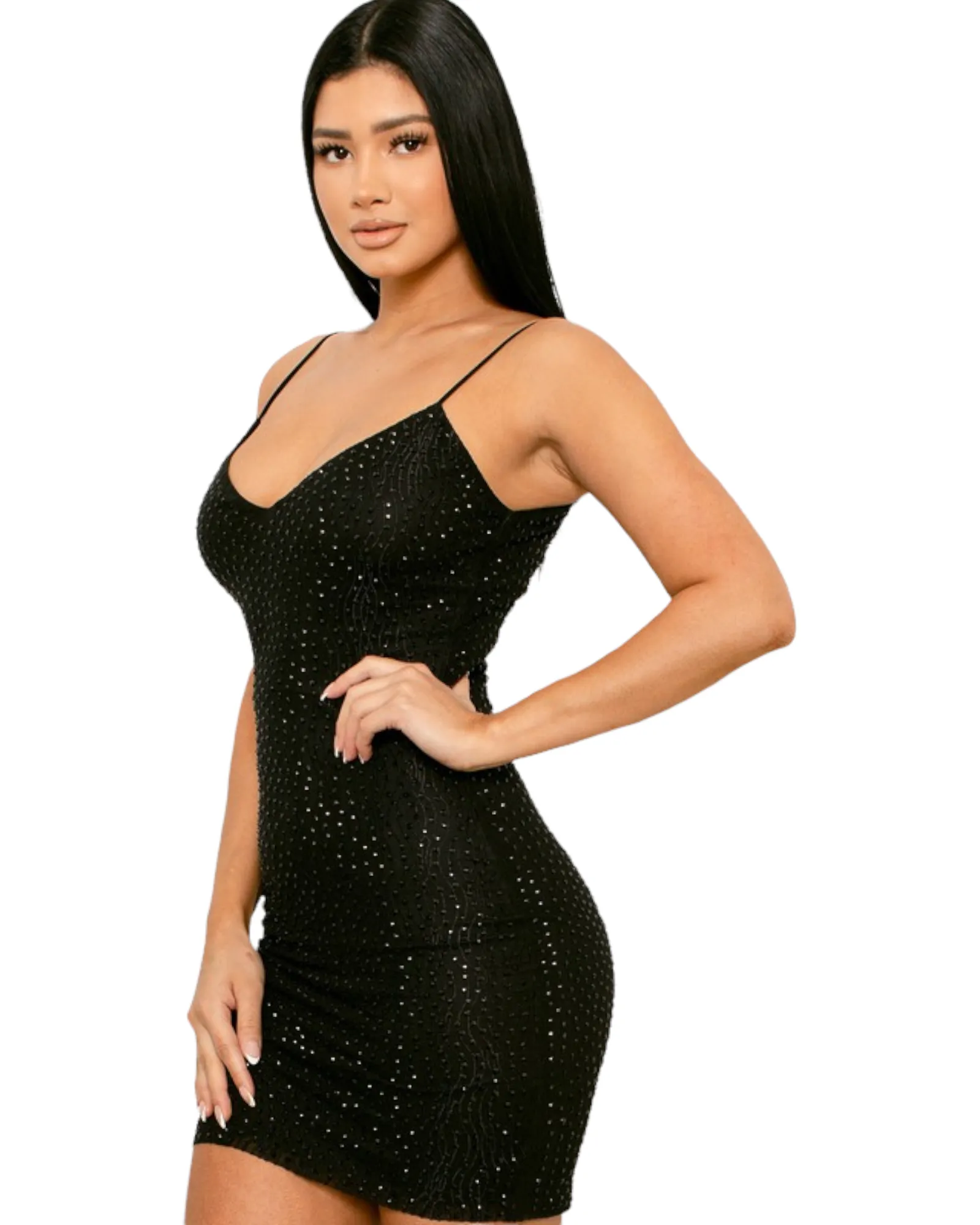 Ojitos Lindos Black Rhinestone Mini Dress