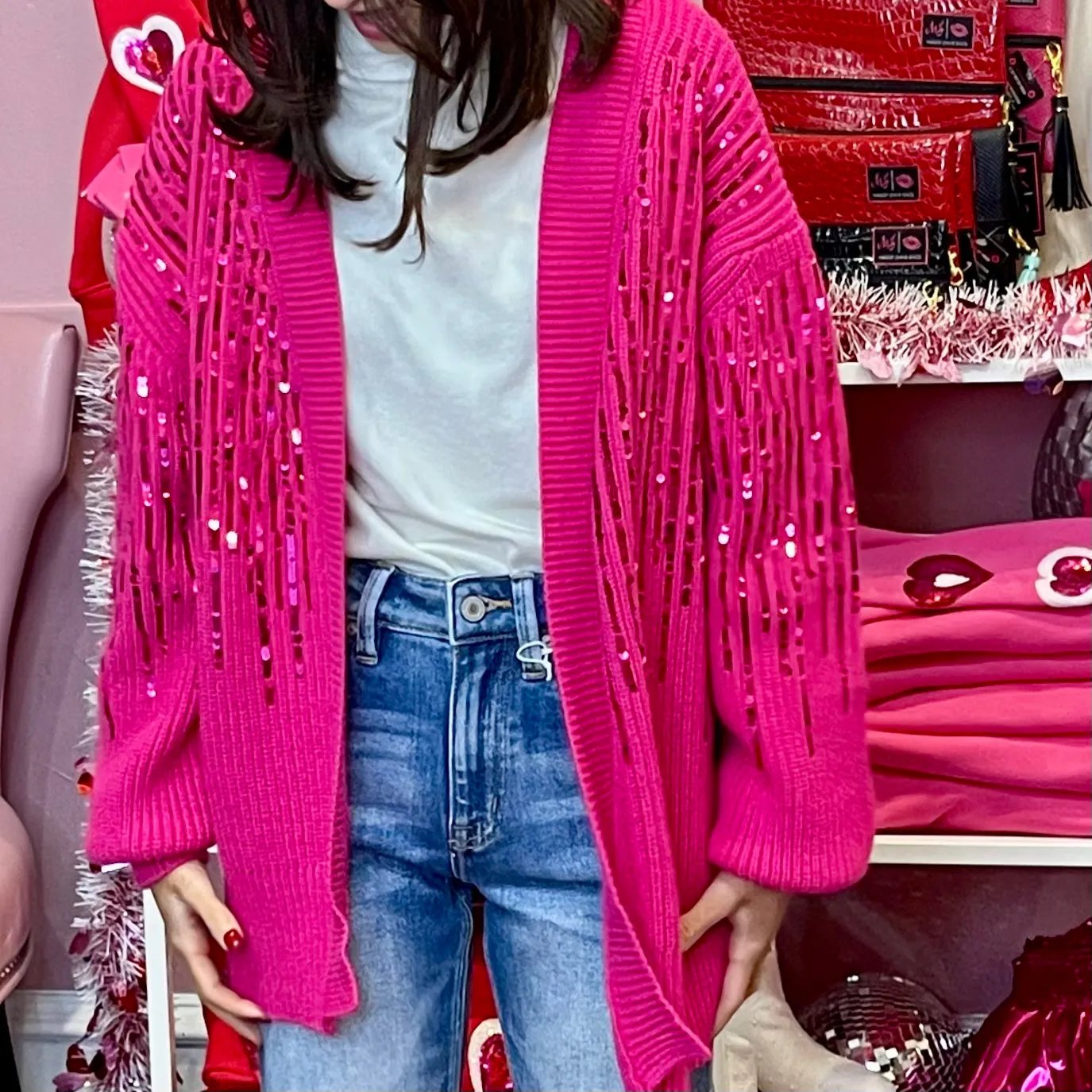 Party in Pink Sequin Detail Fuchsia Cardigan