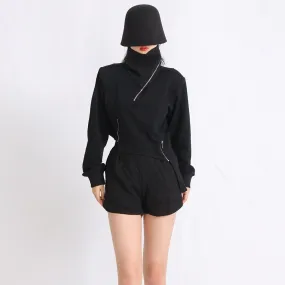 Patchwork Zipper Sweatshirts For Women Turtleneck Long Sleeve Tunic Solid Slimming Sweatshirt Female Fashion