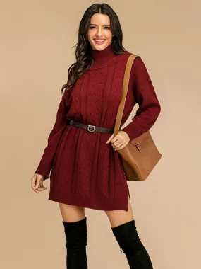 Perfee Slit Turtleneck Long Sleeve Mini Sweater Dress