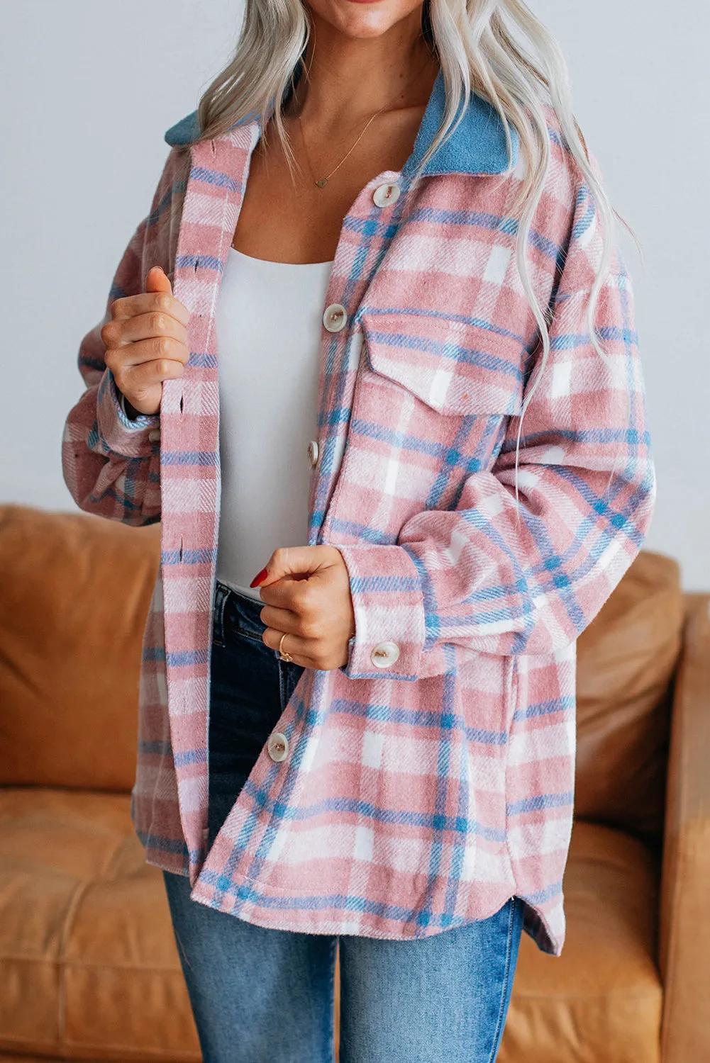 Plaid Colorblock Collar Buttoned Shacket