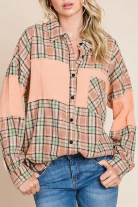 Plaid Crinkle Patchwork Buttoned Shirt