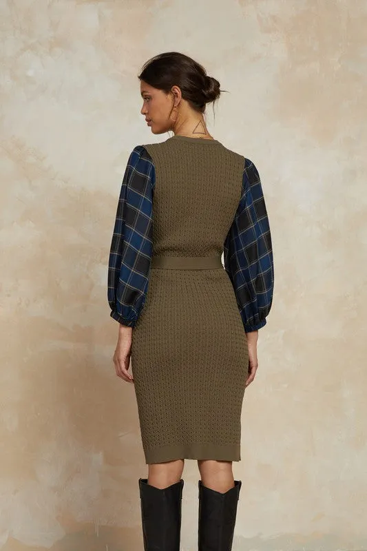 Plaid Sleeve Cable Sweater Dress