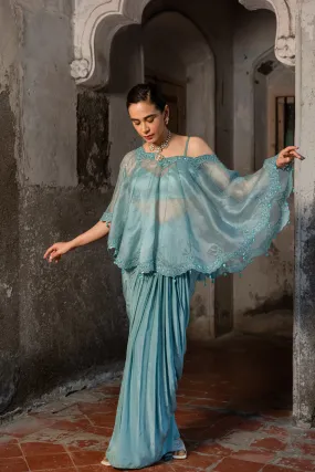 Powder Blue Embroidered Cape & Draped Skirt Set