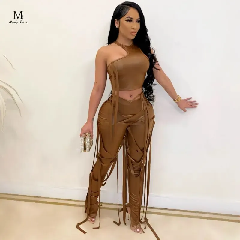 PU Leather Women Bandage Vest and Pants 2 Piece set*