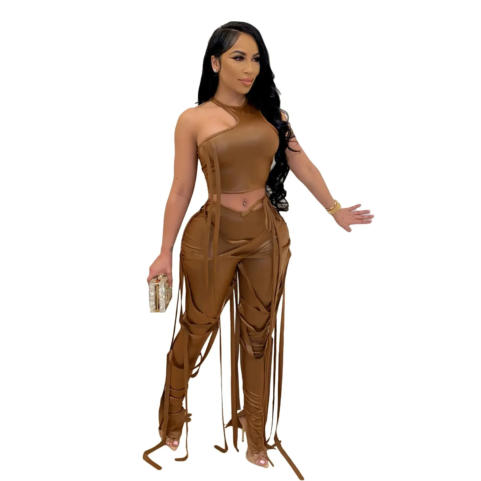 PU Leather Women Bandage Vest and Pants 2 Piece set*