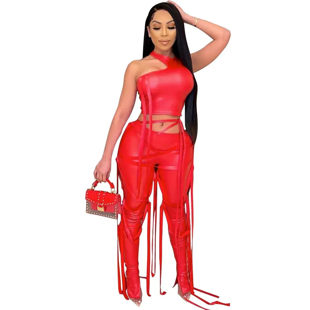 PU Leather Women Bandage Vest and Pants 2 Piece set*