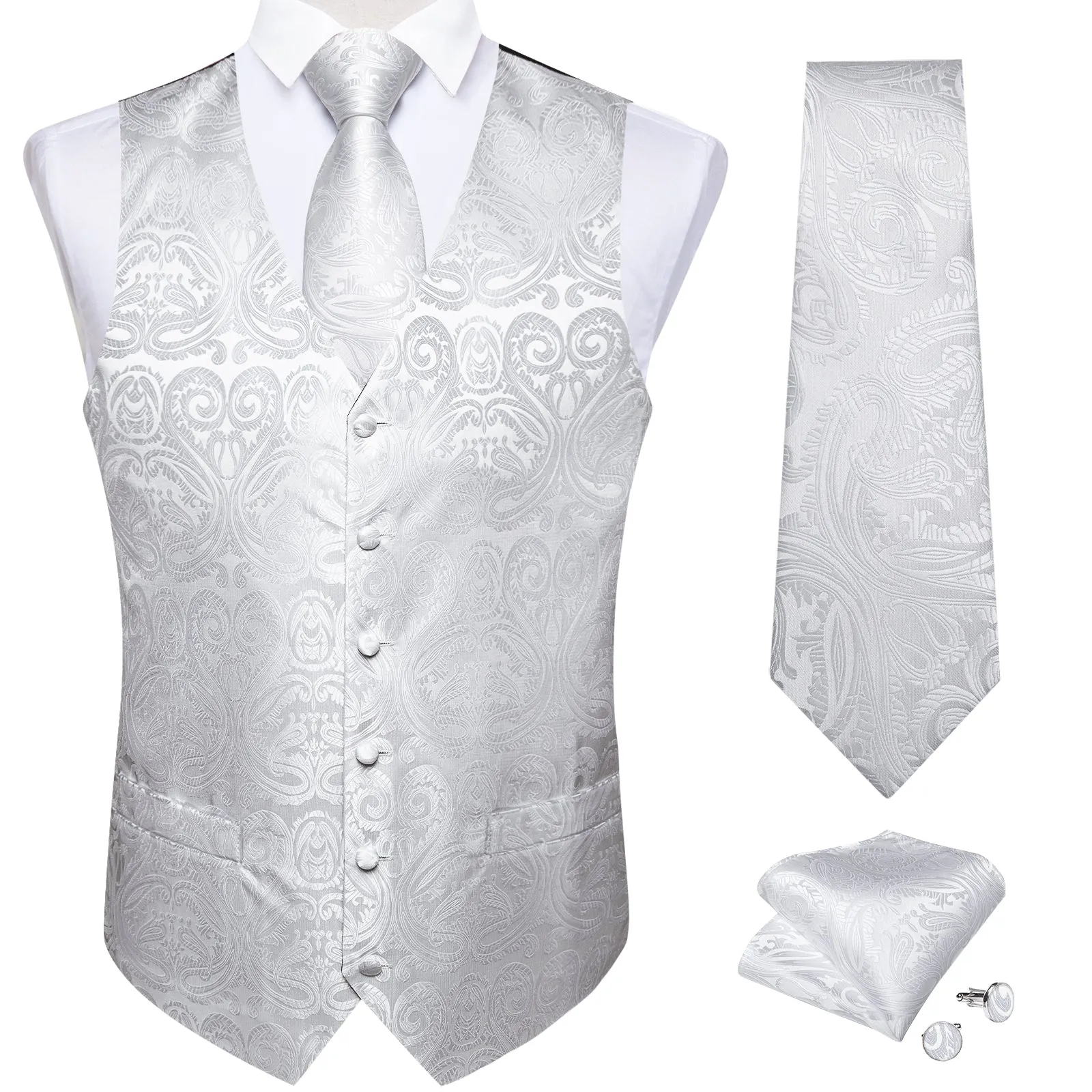 Pure White Paisley Jacquard Silk Men's Vest Hanky Cufflinks Tie Set