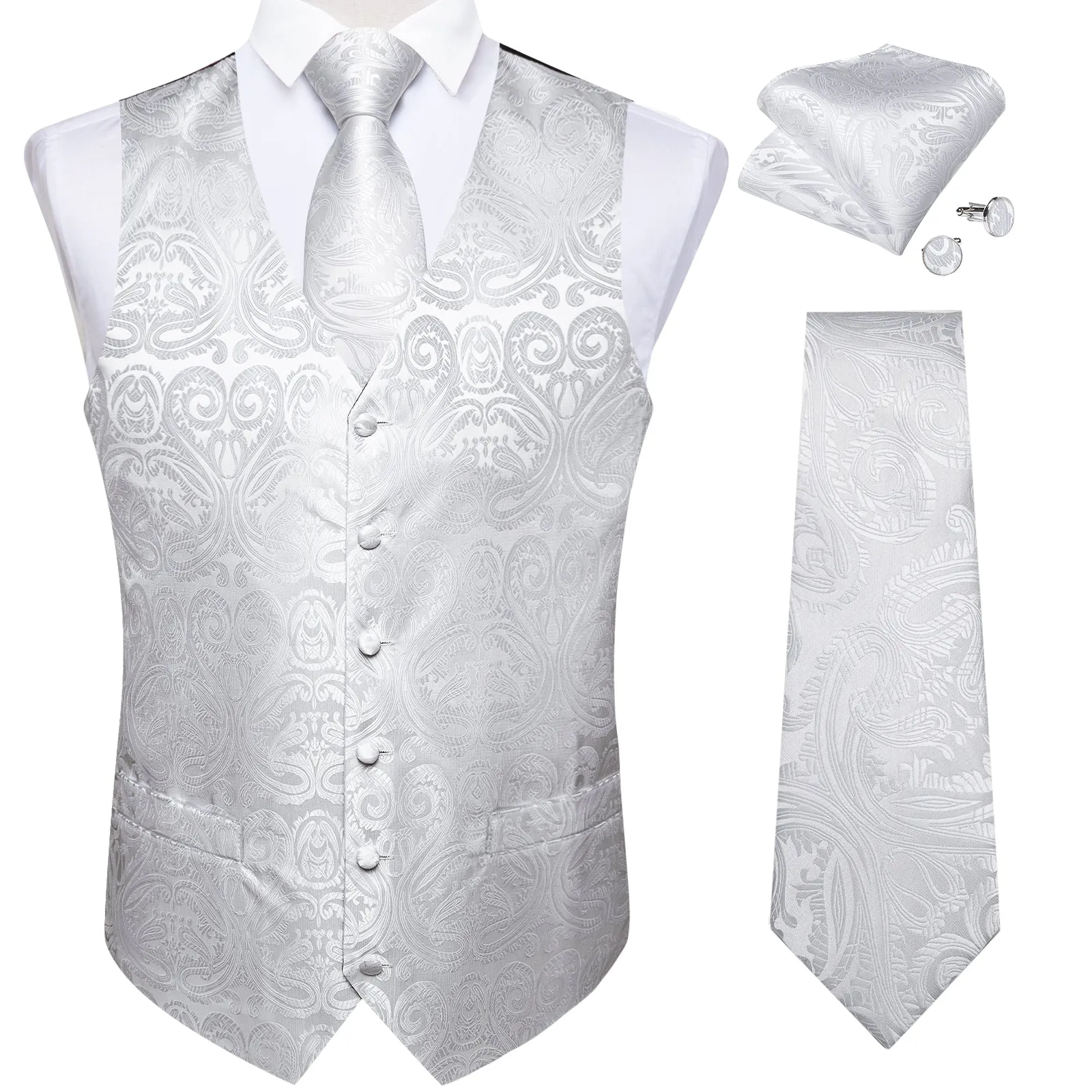 Pure White Paisley Jacquard Silk Men's Vest Hanky Cufflinks Tie Set