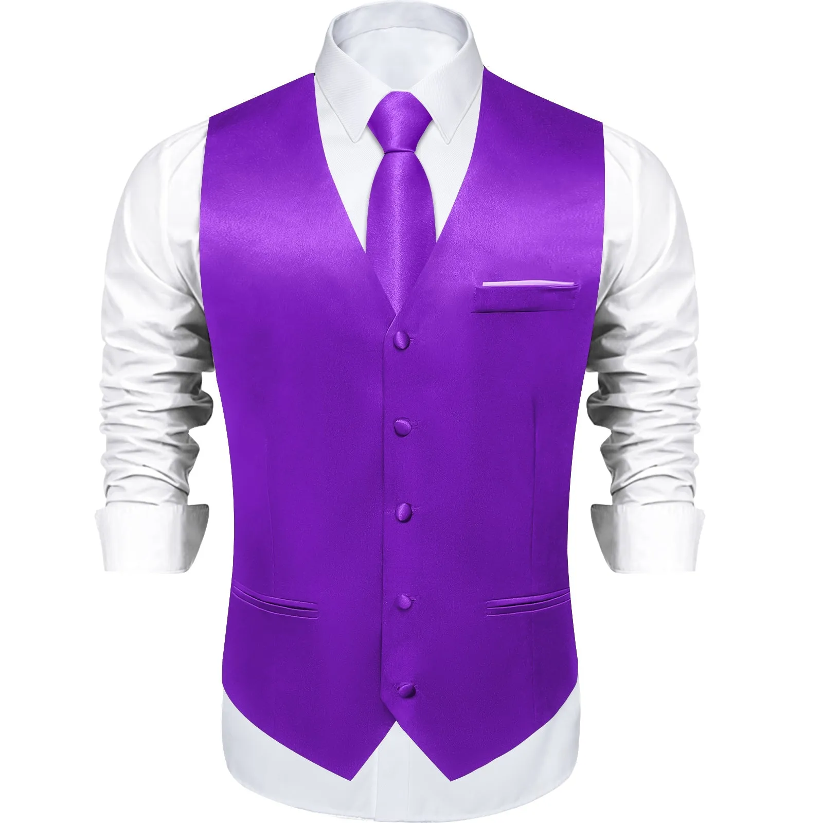 Purple Solid Shining Silk Formal Men's Vest Hanky Cufflinks Tie Set