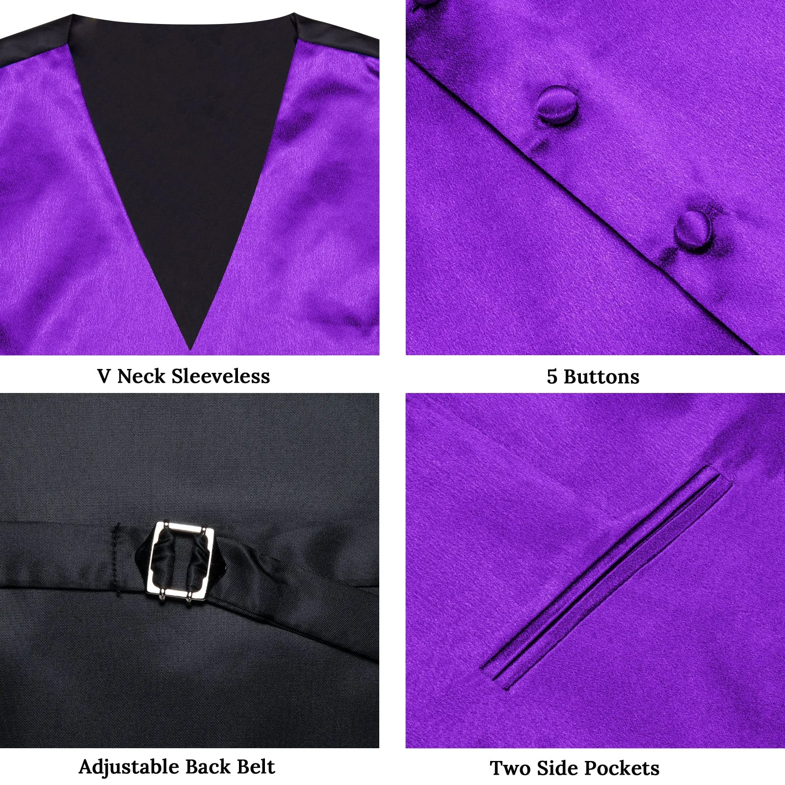 Purple Solid Shining Silk Formal Men's Vest Hanky Cufflinks Tie Set