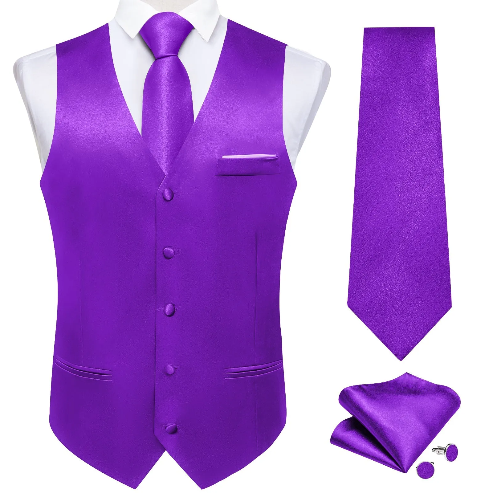 Purple Solid Shining Silk Formal Men's Vest Hanky Cufflinks Tie Set