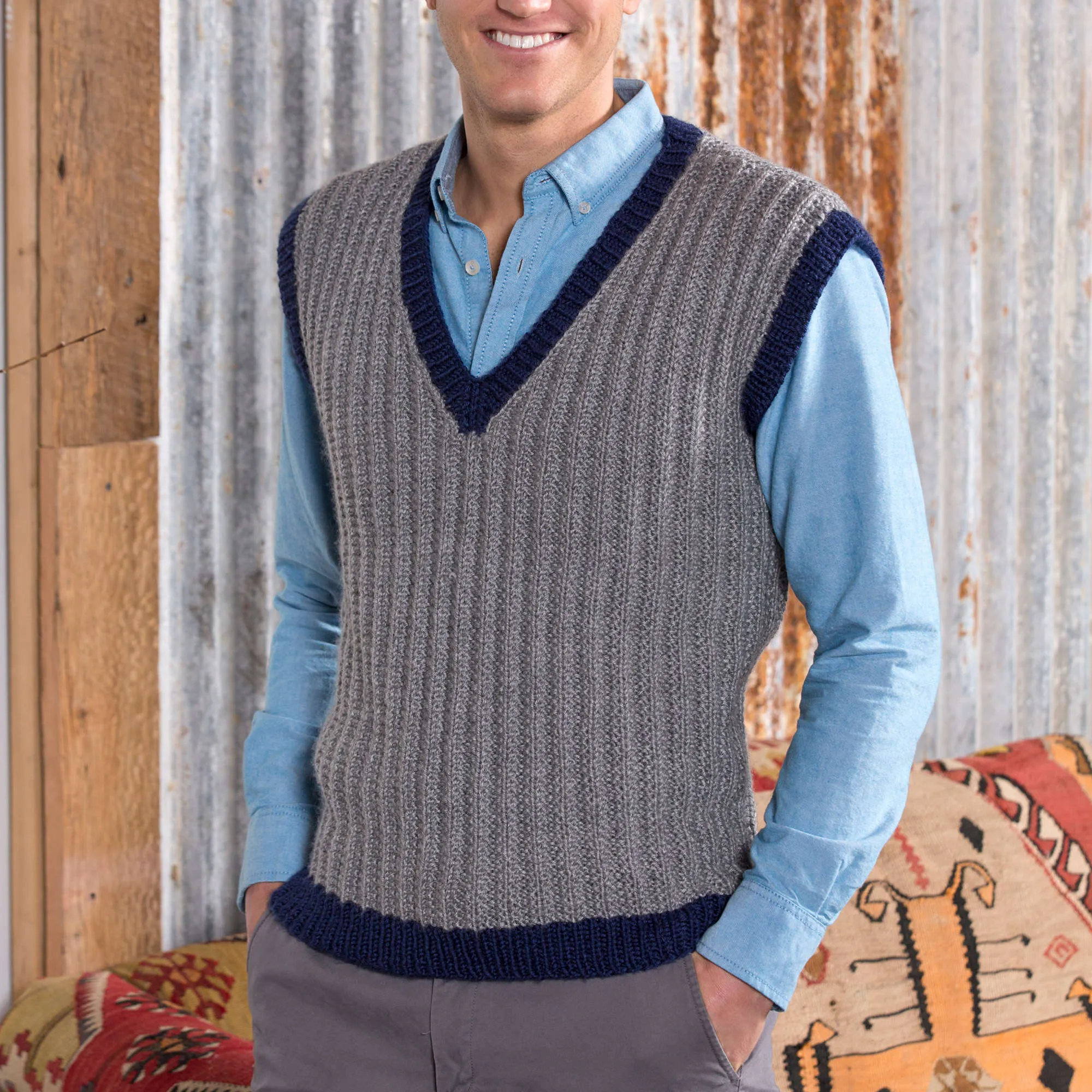 Red Heart Knit Man's Seeded Rib Vest