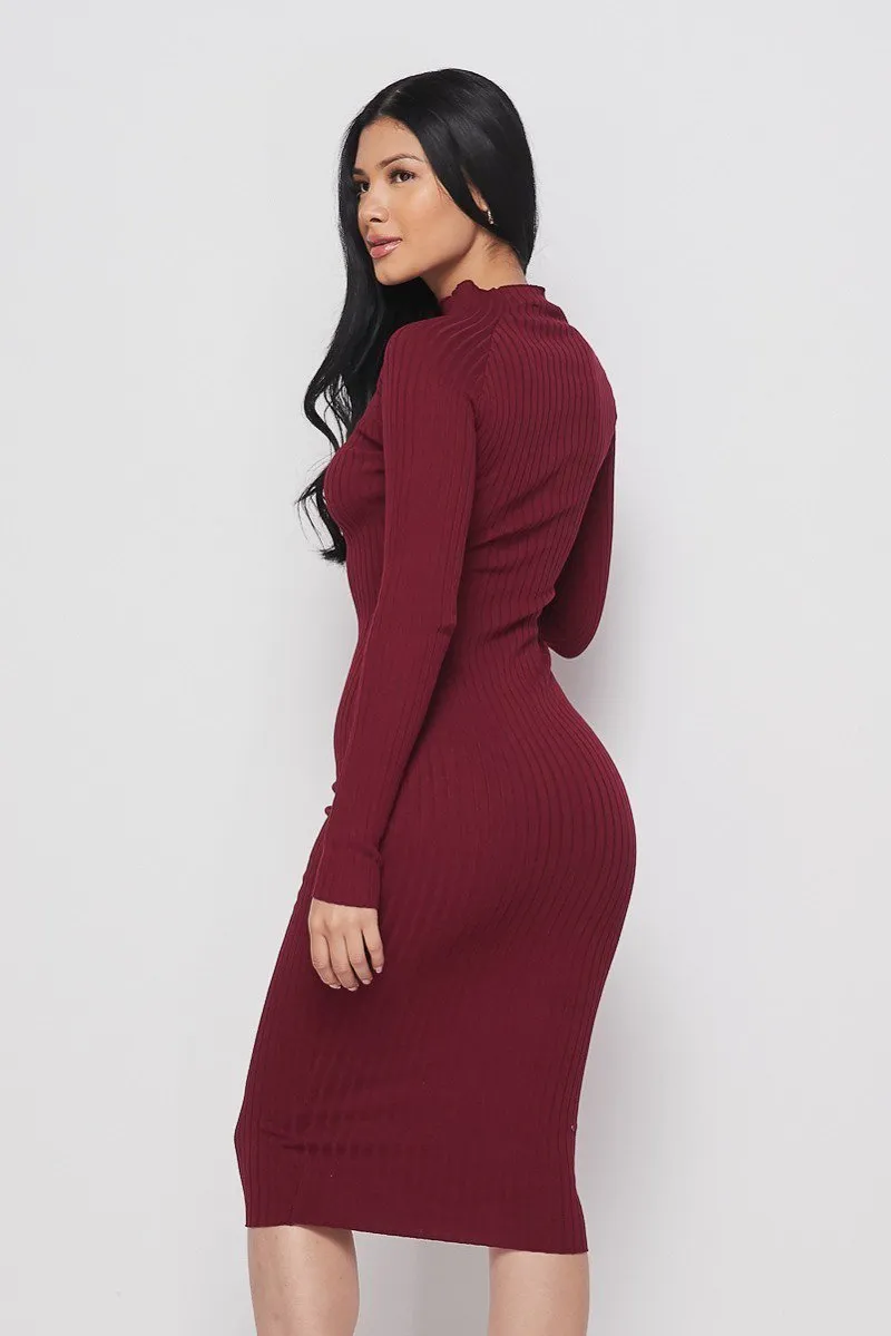 Red Long Sleeve Mock Neck Midi Knit Dress