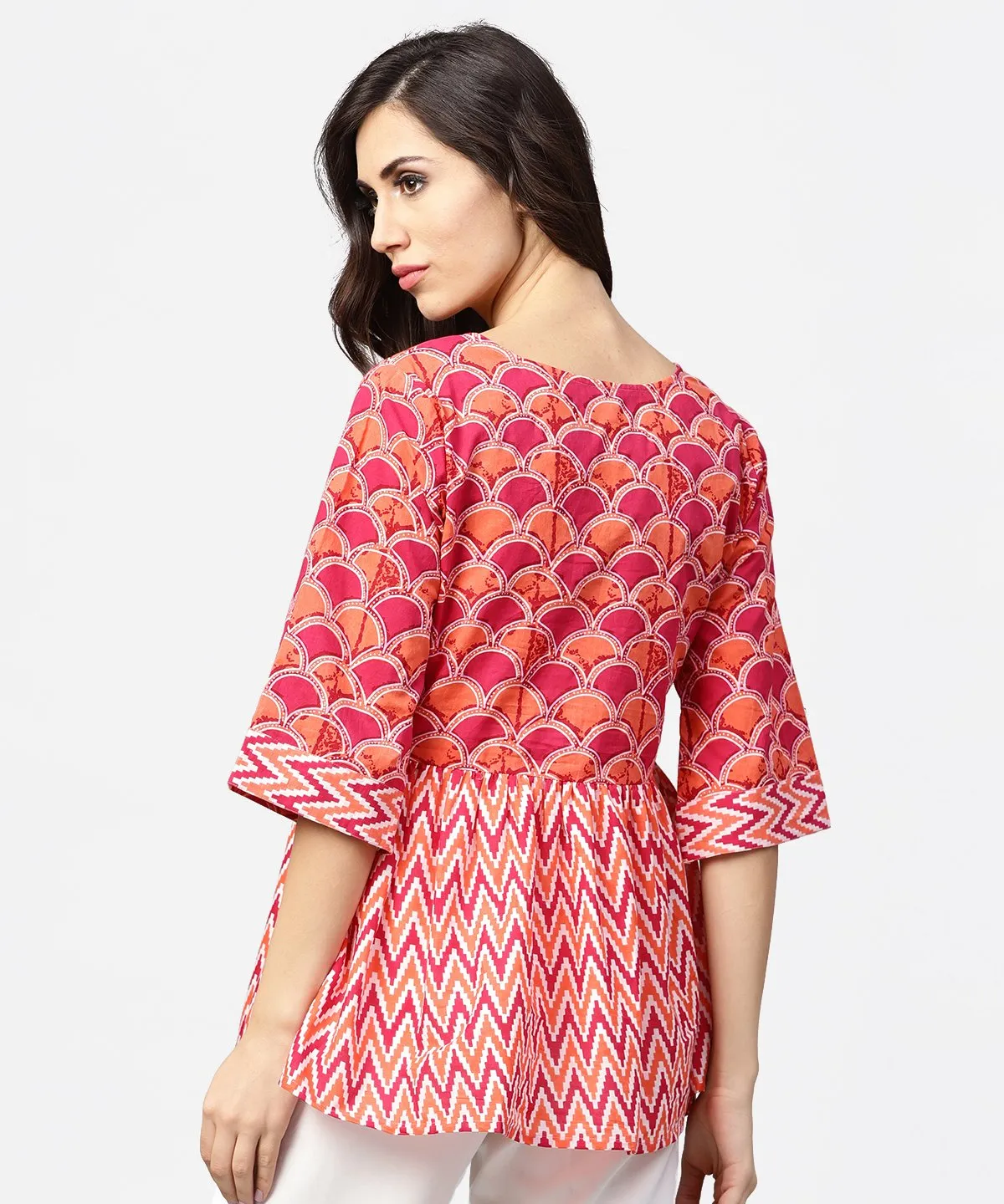 Red Printed 3/4Th Sleeve Angrakha Style Cotton Tunic