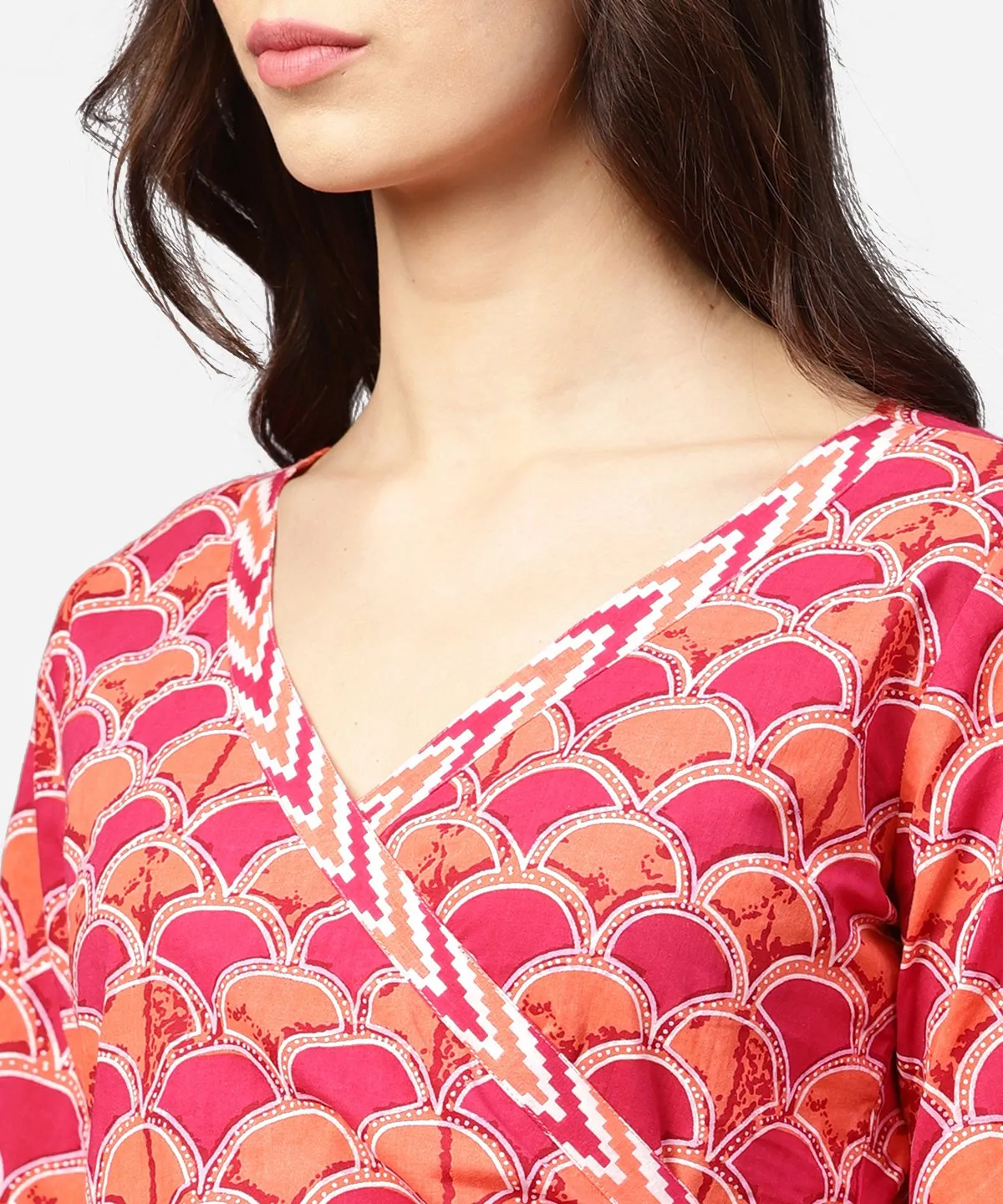 Red Printed 3/4Th Sleeve Angrakha Style Cotton Tunic