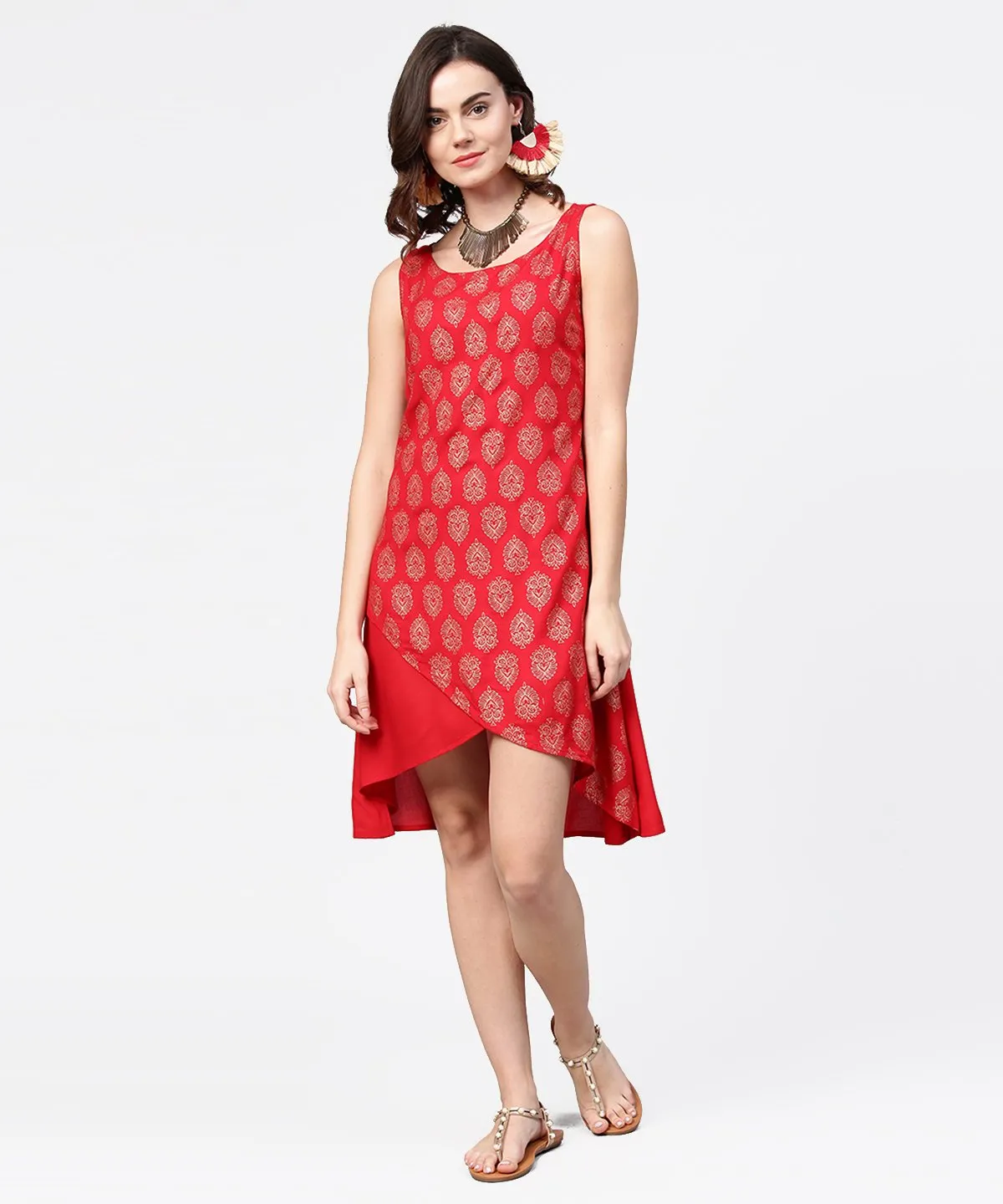 Red Printed Sleeveless Cotton Low High Tunic