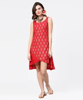 Red Printed Sleeveless Cotton Low High Tunic