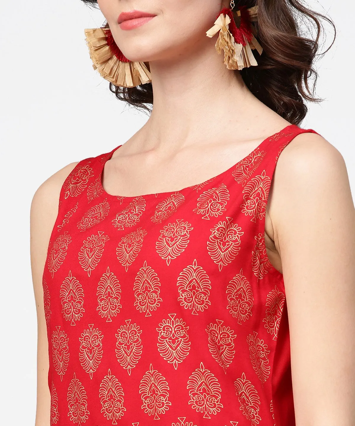 Red Printed Sleeveless Cotton Low High Tunic