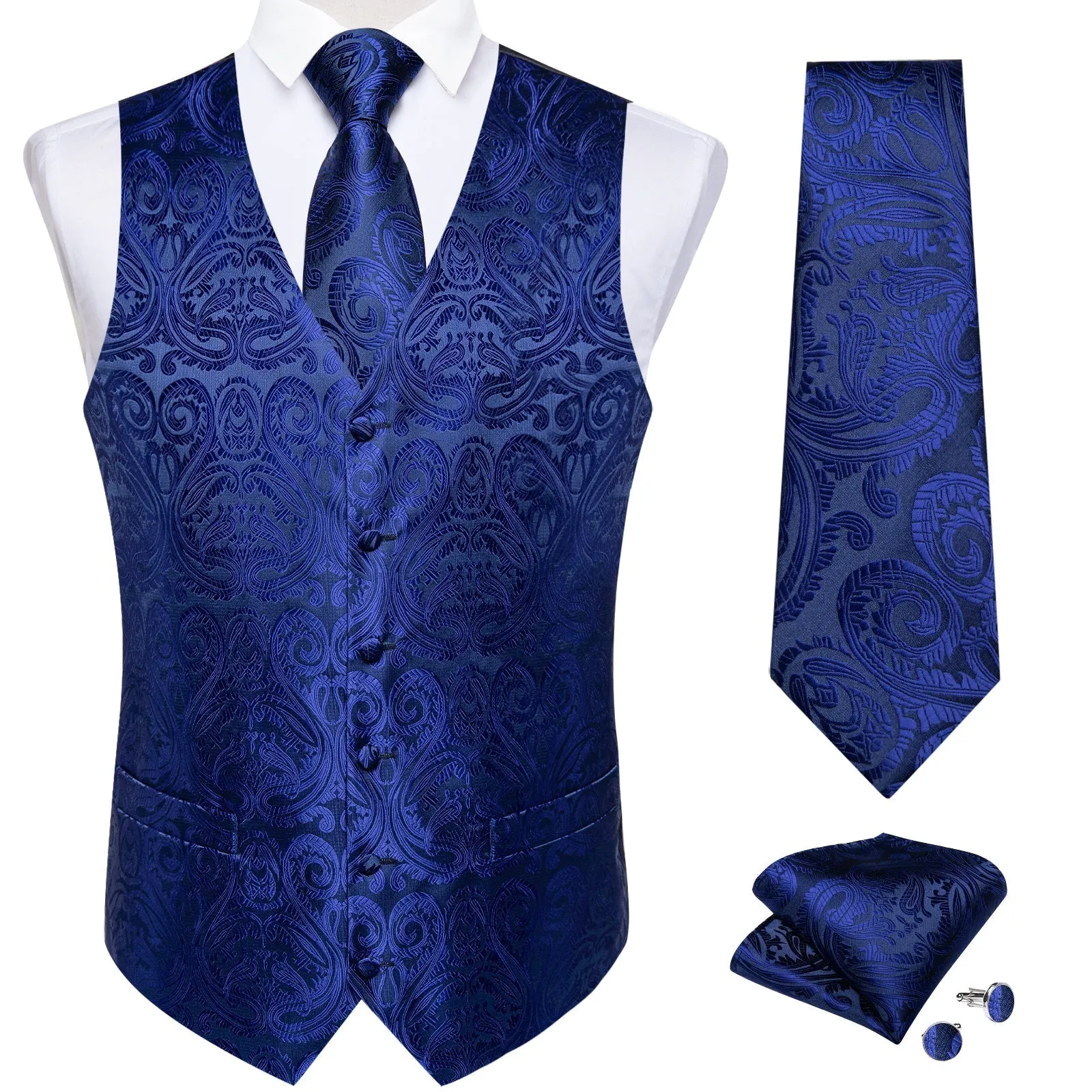 Royal Blue Paisley Jacquard Silk Men's Vest Hanky Cufflinks Necktie