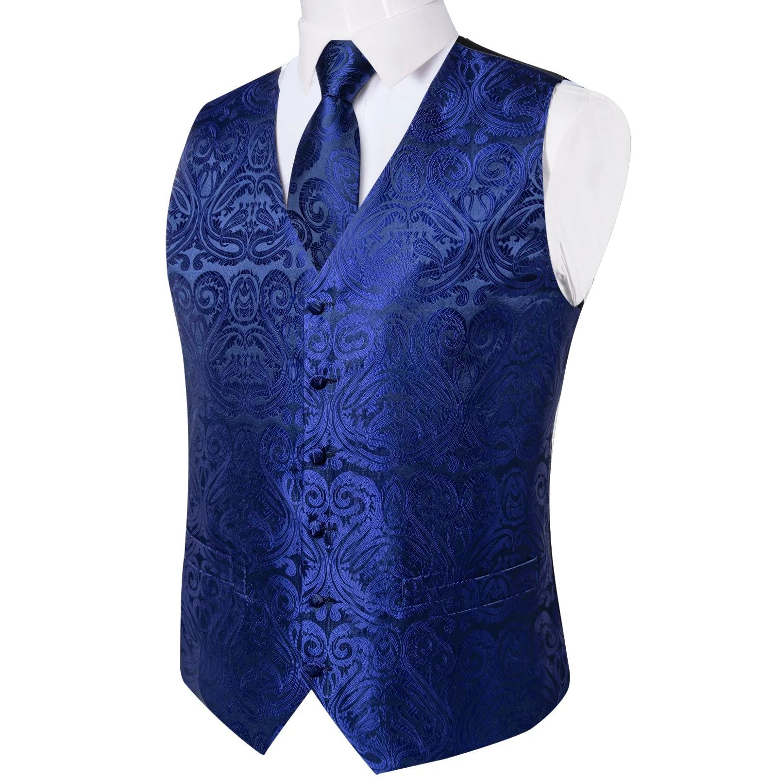 Royal Blue Paisley Jacquard Silk Men's Vest Hanky Cufflinks Necktie