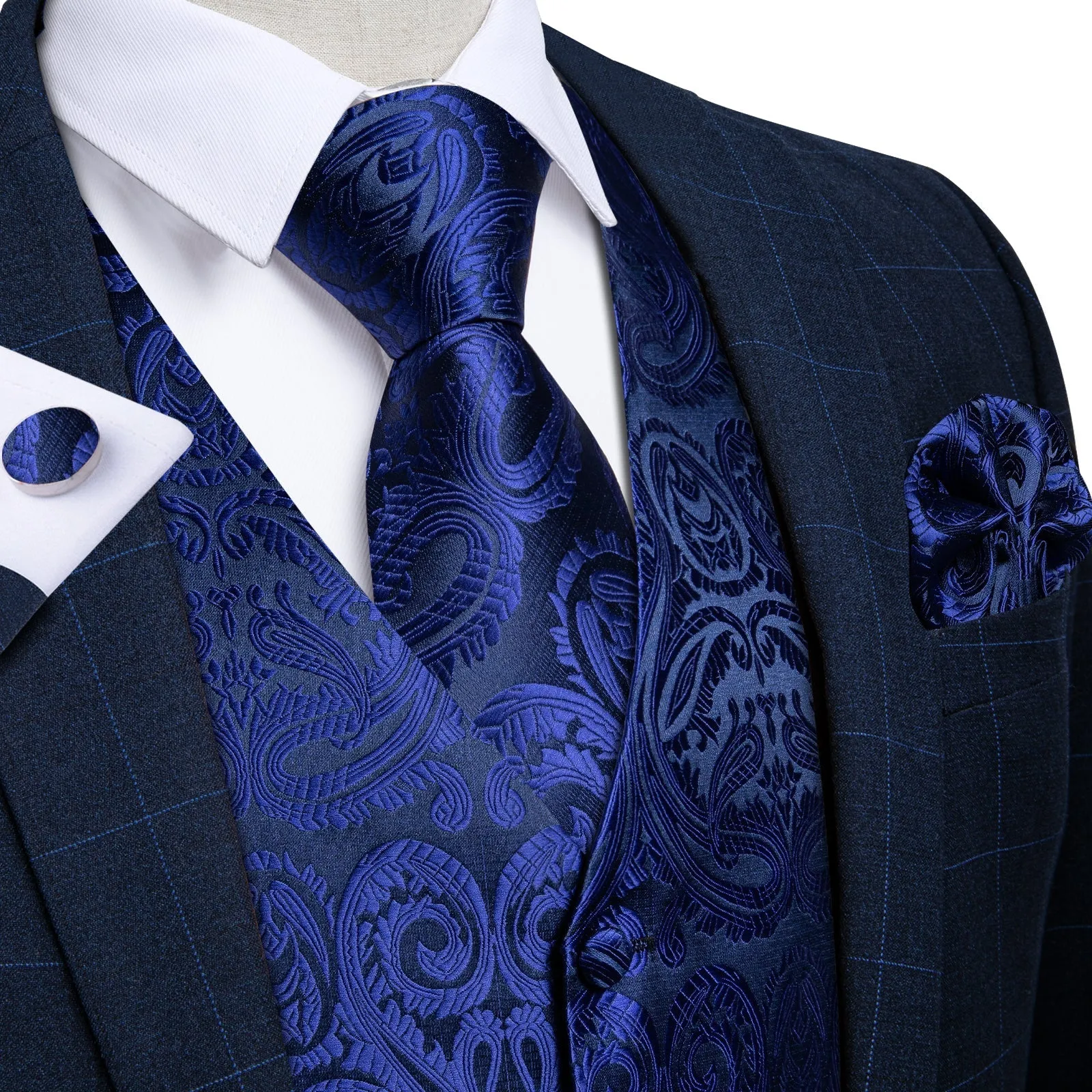 Royal Blue Paisley Jacquard Silk Men's Vest Hanky Cufflinks Necktie