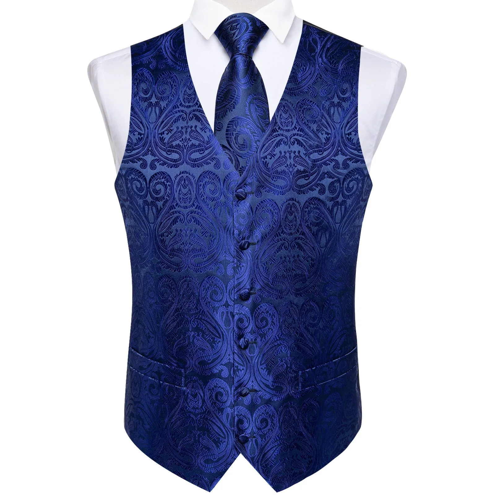 Royal Blue Paisley Jacquard Silk Men's Vest Hanky Cufflinks Necktie