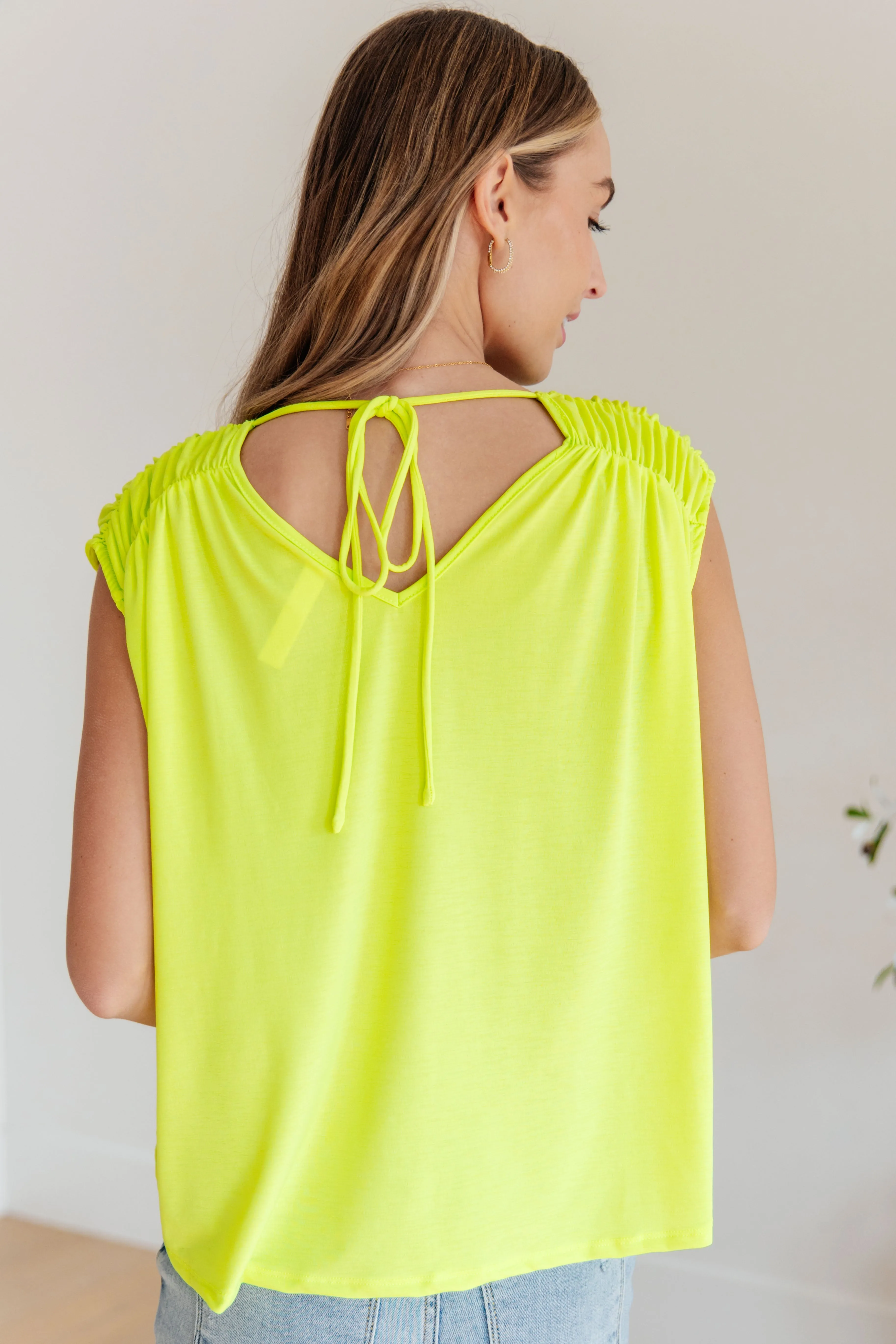 Ruched Cap Sleeve Top in Neon Green