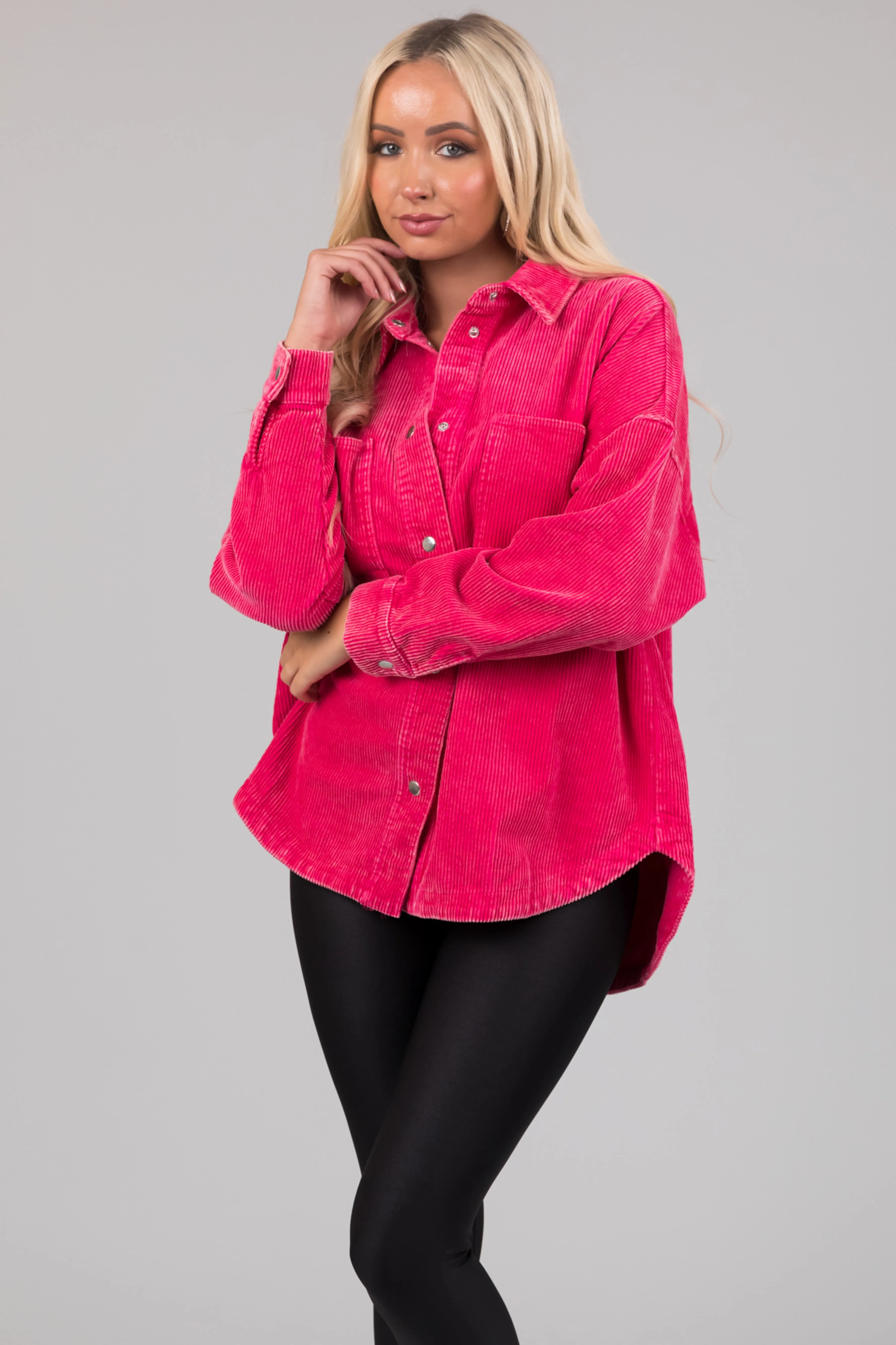 She Sky Hot Pink Snap Button Corduroy Shacket